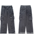 Men Cargo Work Pants Stone Wash Jeans